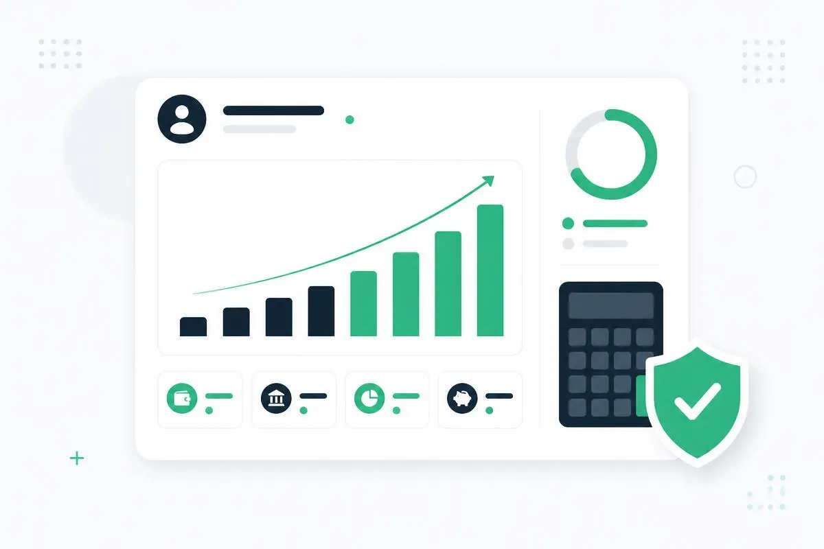 MoneyGapCheck financial assessment dashboard showing an income gap chart, progress gauge and security shield